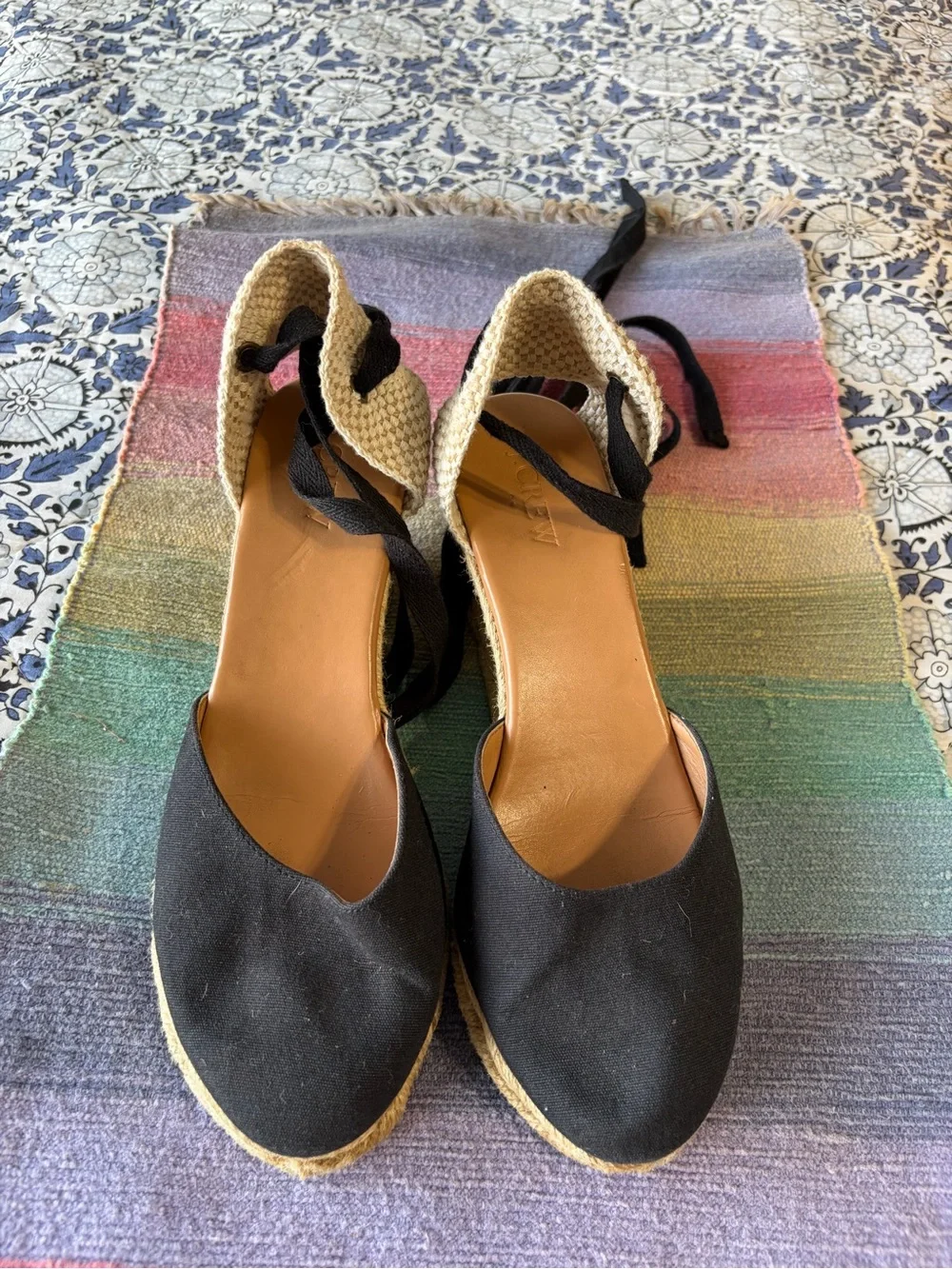 J Crew Women's Black Espadrille Wedge Sandals with Ankle Tie size 8.5 EUC